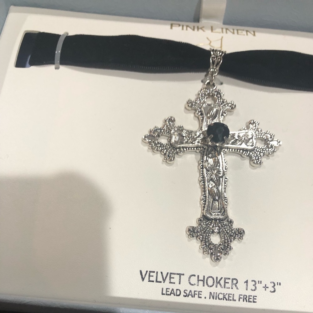Black velvet strap black onyx look silver cross 13”‎ goth mystical choker new - Picture 8 of 10